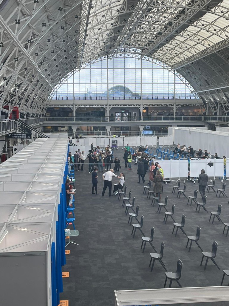 Above: Boris Johnson talking to one of the people who had come to be vaccinated. In just over two months’ time the BDC hall will be full of card companies and retailers at PG Live! 