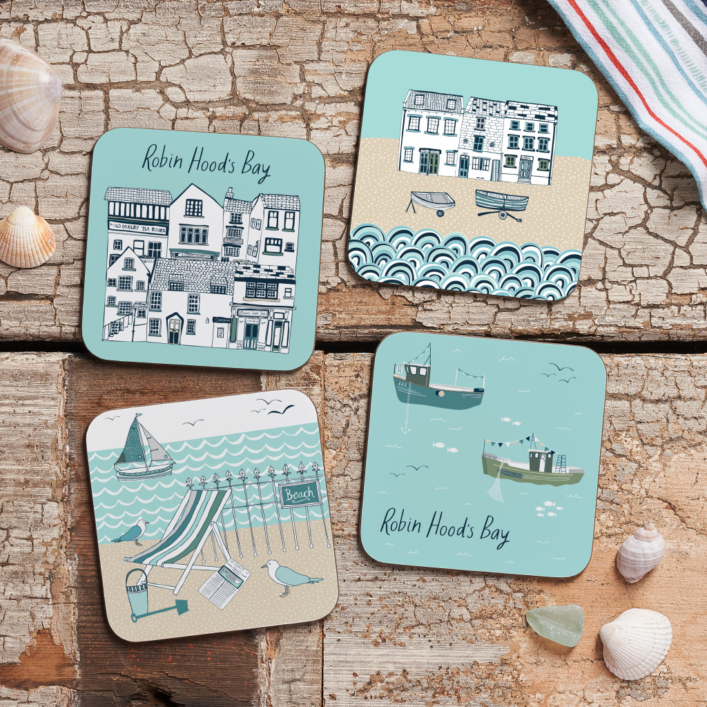 Above: Some coasters featuring Jessica Hogarth’s designs.