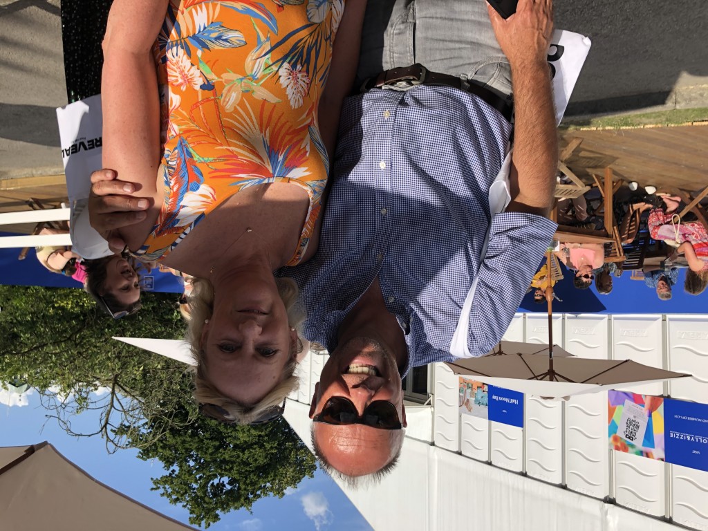 Above: Cardzone managing director Paul Taylor enjoyed a catch up in the sun at the end of the show with Karen Ebers, owner of Something Special in Edenbridge.