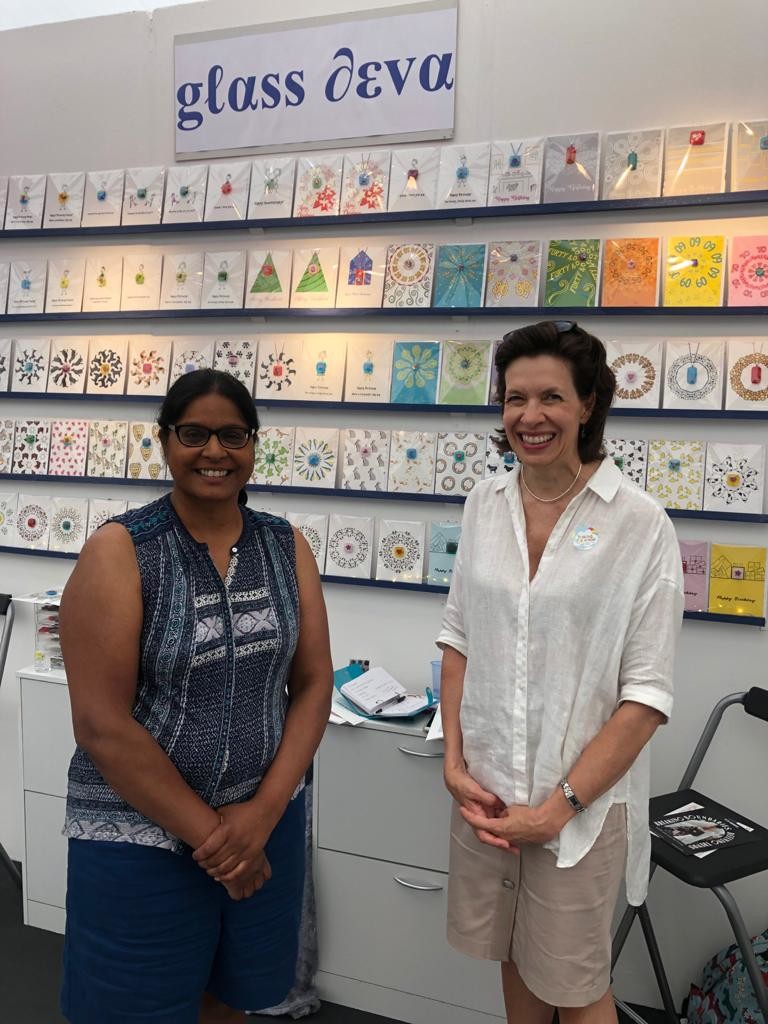 Above: Neela Chatakondu (left) of Deva Glass took a break from her part time job as a GP to exhibit at the show. Pictured here with GCA ceo Amanda Fergusson.