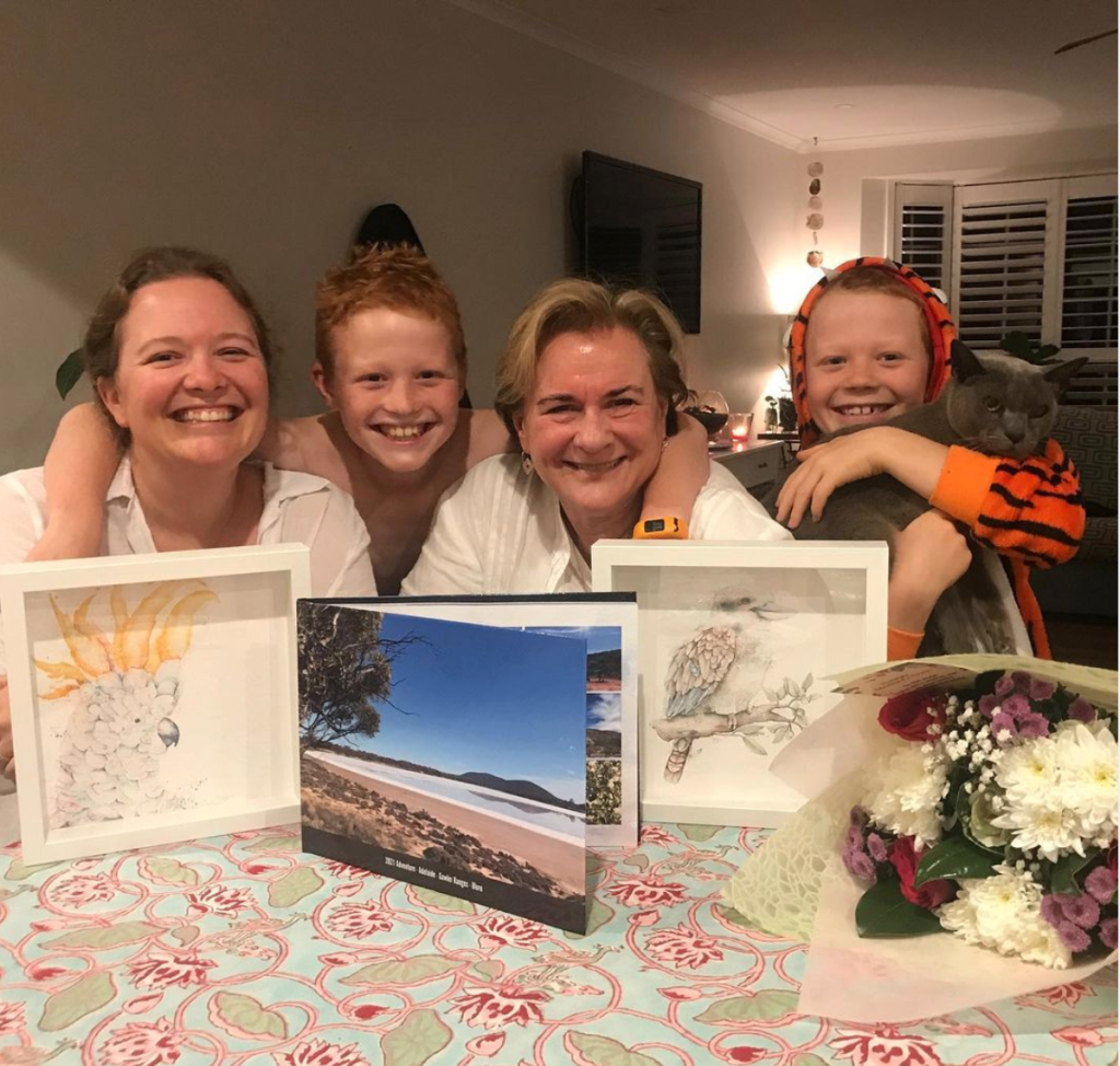 Above: Jenny with her daughter Lisa, grandsons Reilly and Finn and their cat Johnnie Blue on Mother’s Day.