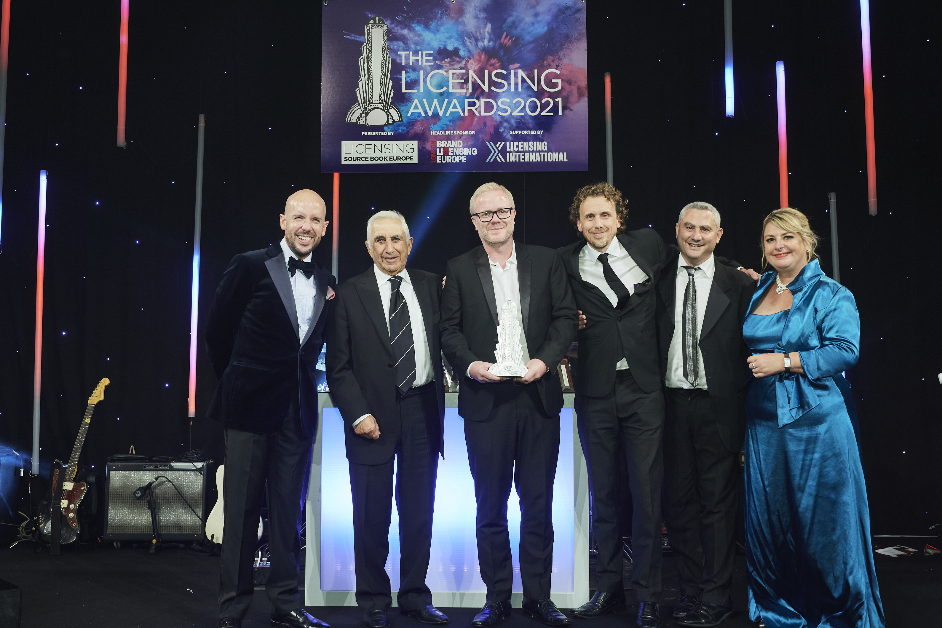 Above: (left-right) Tom Allen (host of the event) with Danilo’s Laurence Prince, Martin Carter, Dan Grant and Daniel Prince with Jakki Brown of Max Publishing, which owns and organises The Licensing Awards.