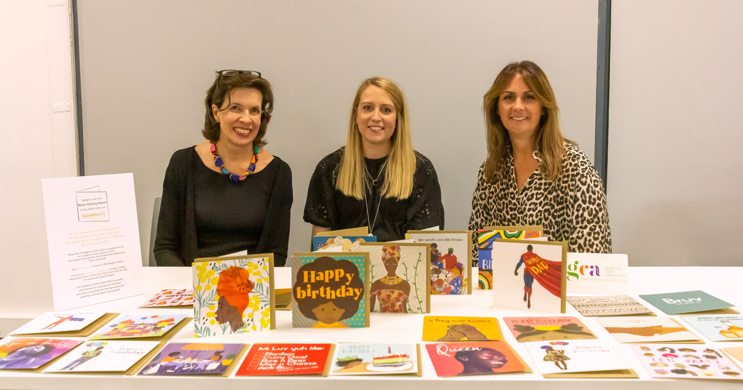 Above: (right-left) Kate Goss, Emma Tanner and the GCA’s ceo Amanda Fergusson as the recent Speed-dating with Dragons event with the winners of the Black History Month card design Sainsbury’s x GCA competition.