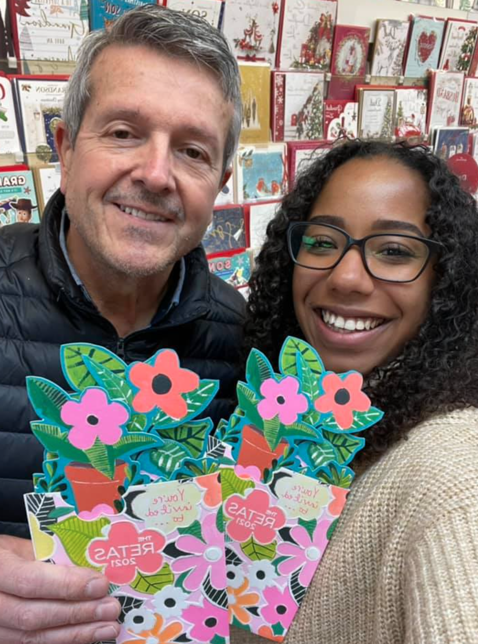 Above: Retas’ finalists Paul Mordecai and Hannah Rudder, co-owners of Dee's Cards took to social media with their tickets to tell customers why the shop will be closed next Tuesday as they are off to the Grosvenor!