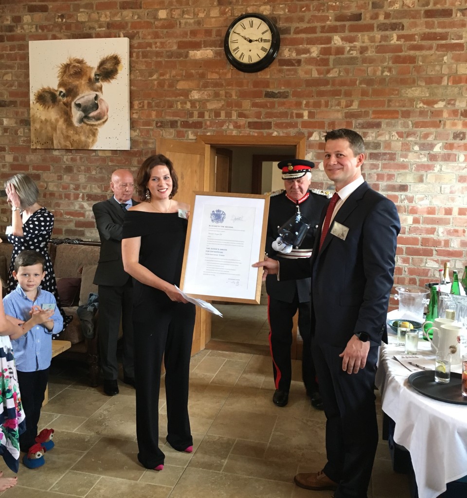 Above: Two years ago, Wrendale Designs’ Hannah and Jack Dale were presented with a Queen’s Award for Enterprise International Trade certificate, as well as a glass bowl, by the Queen’s representative Toby Dennis, Lord-Lieutenant of Lincolnshire.