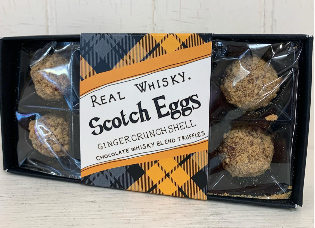 Above: Pam describes these as “The best Scotch eggs ever!”. Handmade in Edinburgh, these Scotch whisky truffles in a white chocolate and ginger crunch shell are selling well in Bearing Gifts.