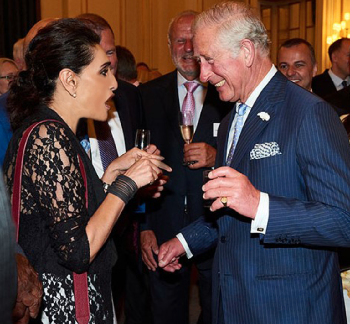 Above: Meera Santoro with Prince Charles when she went to Buckingham Palace to receive the company’s first Queen’s Award in 2018.