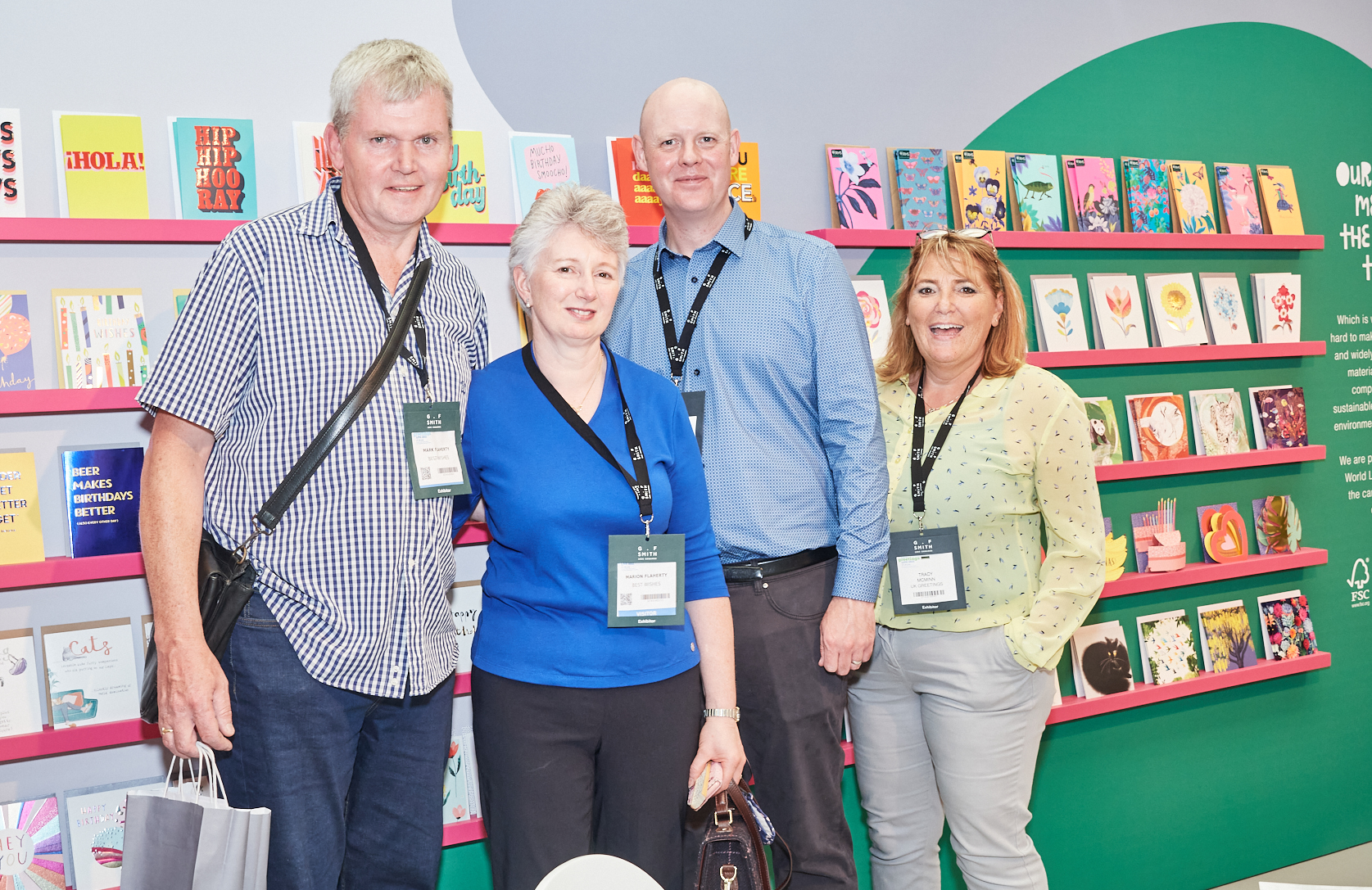 Above: (left-right) Mark and Marion Flaherty of Best Wishes in Garstang on the UKG stand with Darren Cave and Tracy McMinn on the publisher’s stand at this year’s PG Live.