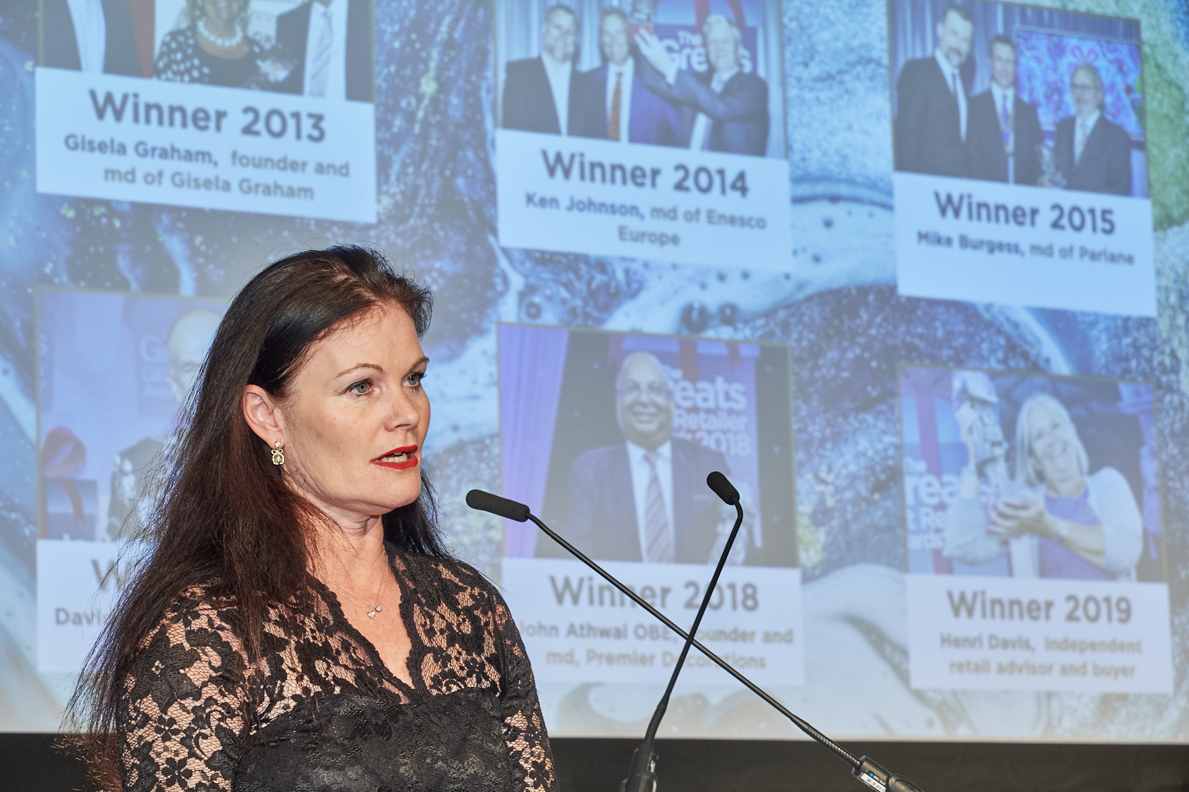 Above: Sarah Ward, ceo of The Giftware Association, category sponsor of The Greats’ Outstanding Achievement Award, is shown announcing the winner at the 2021 awards.