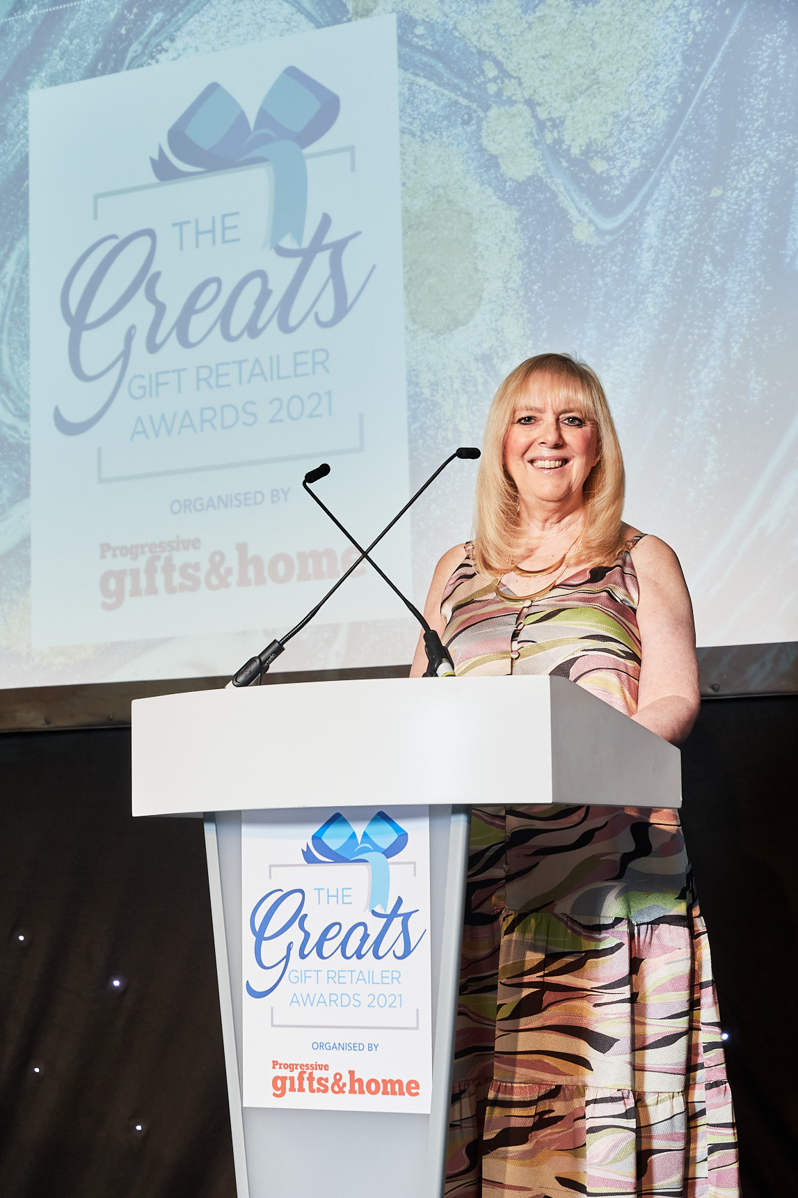 Above: Progressive Gifts & Home’s editor Sue Marks welcomed guests to The Greats Awards 2021 in September.