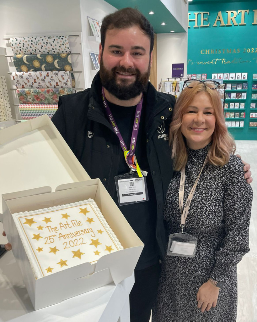 Above: The icing on the cake of a great show for The Art File’s James Mace was being presented with a surprise cake to mark the company’s 25th anniversary by Alison Graham, key account director of Hyve Group, with responsibility for the greeting card sector