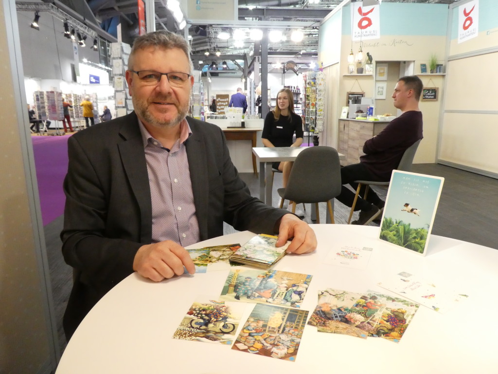 Above: Stefan Hermann, md of Taurus Kunstkarten, which distributes Louise Mulgrew, Belly Button Designs and Laura Darrington in Germany, at the 2020 Paperworld show