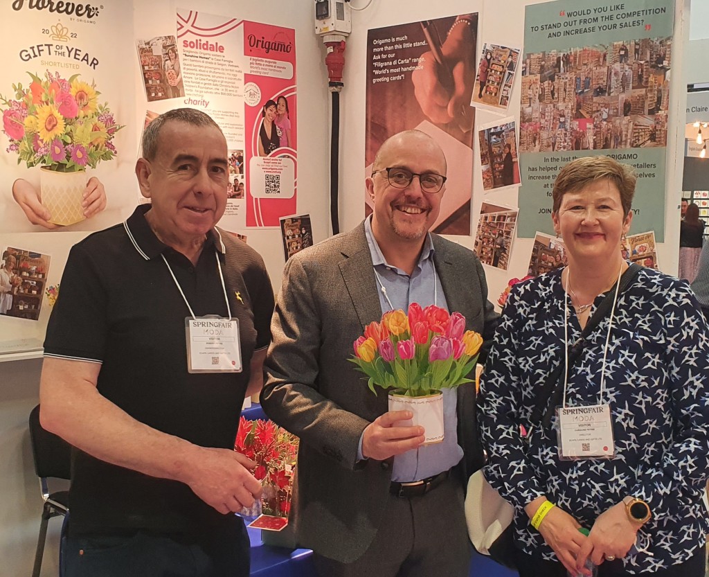 Above: Origamo’s Furio Ceciliato (centre) with Orkney retailers Robert and Caroline Petrie of Kairds at the recent Spring Fair