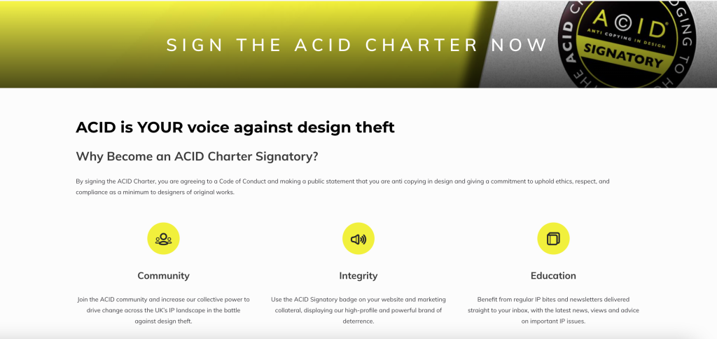Above: Charter statement – Acid’s campaign will lobby for design law reform