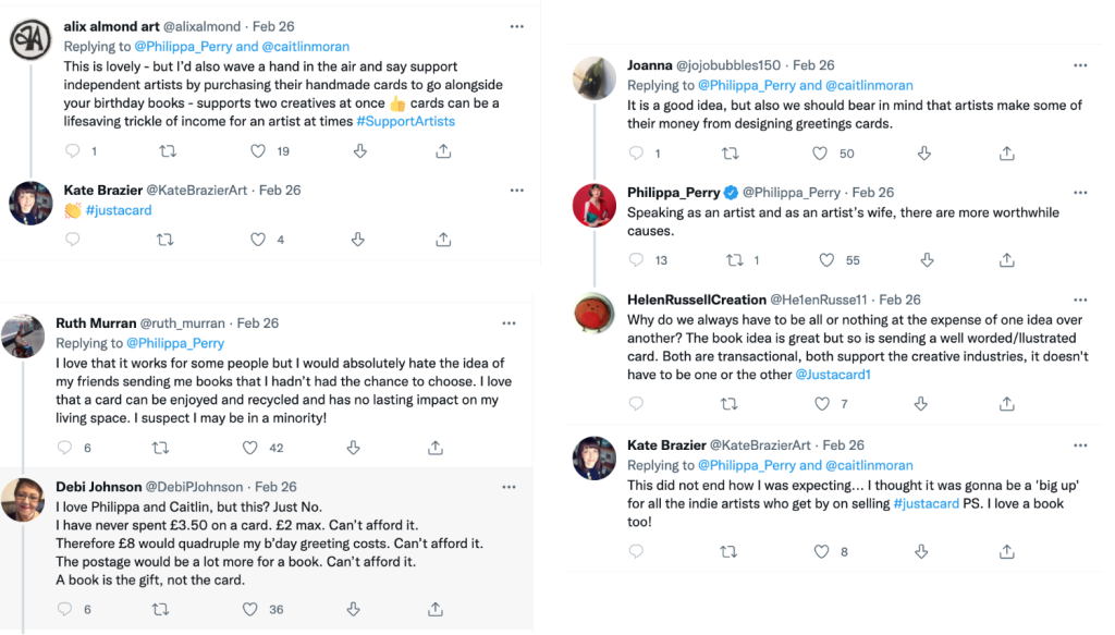 Above: Just some of the supportive tweets – plus Philippa’s dismissal of the idea artists can earn from greeting cards