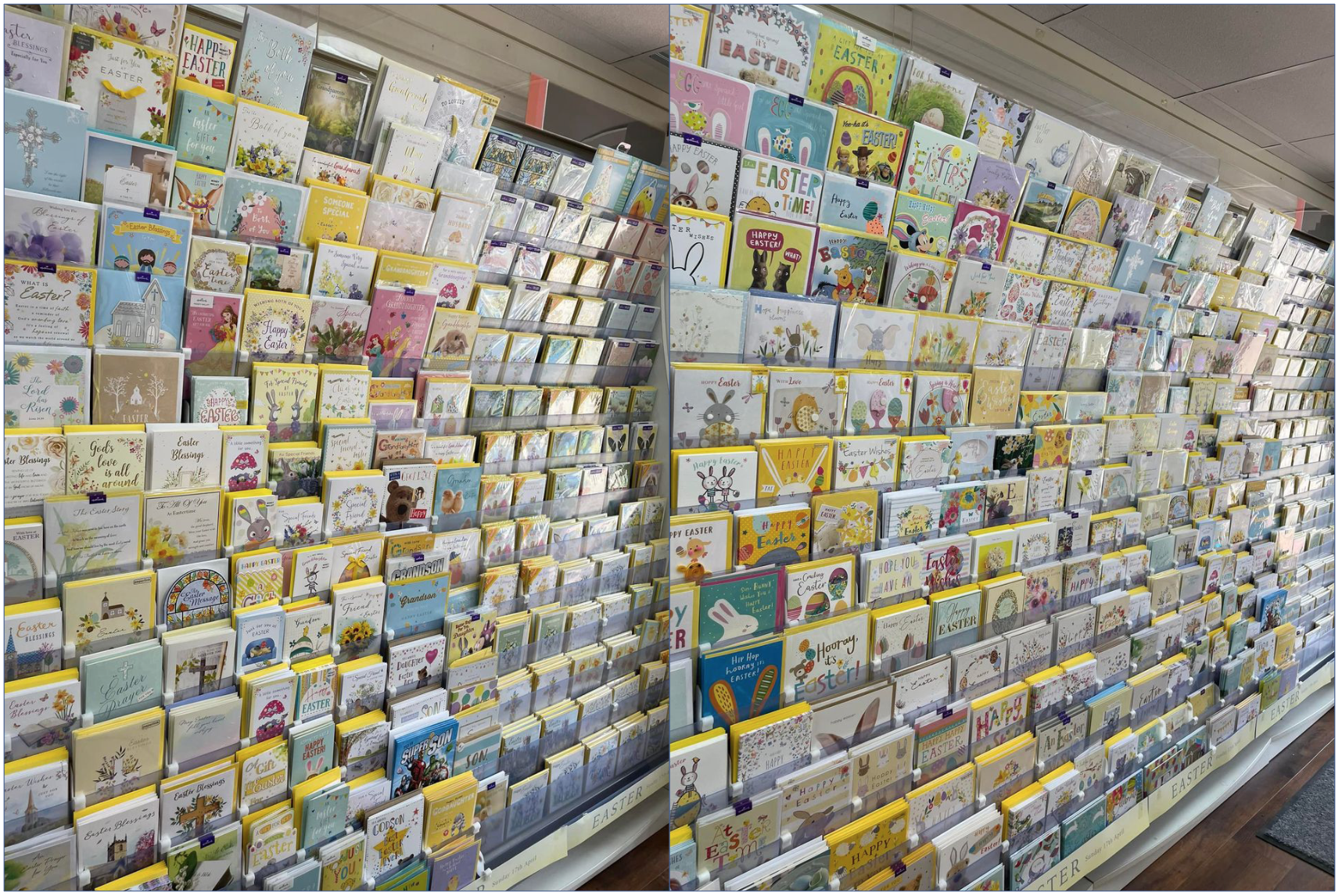 Above: Wall of cards – the full Easter display at Dee’s Cards