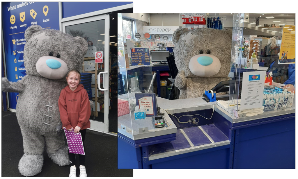 Above: Tatty Teddy loves meeting fans, as here recently at Wigan-based Gee Tee’s Retail Group