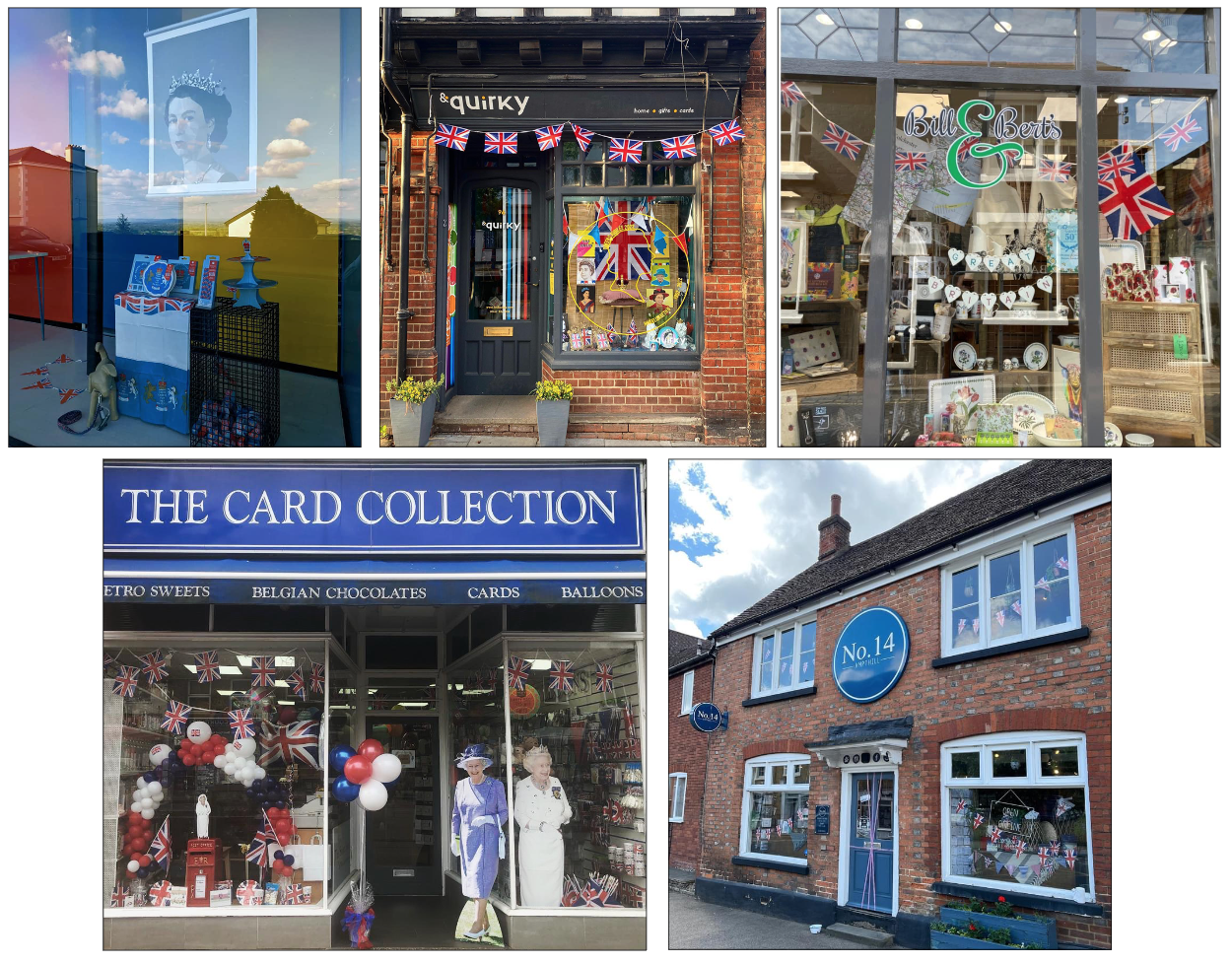 Above: In the window – (clockwise from top left) Austin & Co, &Quirky, Bill & Bert’s, No.14, and The Card Collection