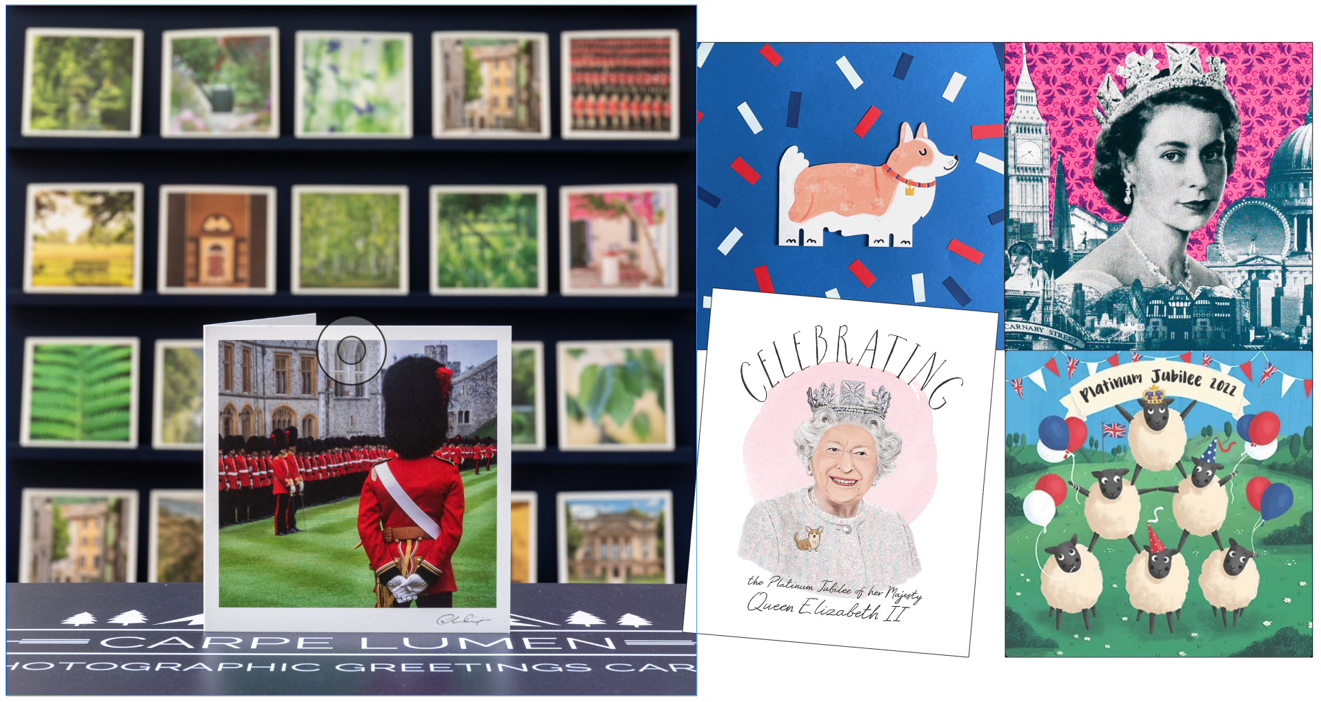 Above: Cards galore – (clockwise from left) Carpe Lumen, Raspberry Blossom, UK Greetings, Paintbox, and Woodmansterne Jubilee designs