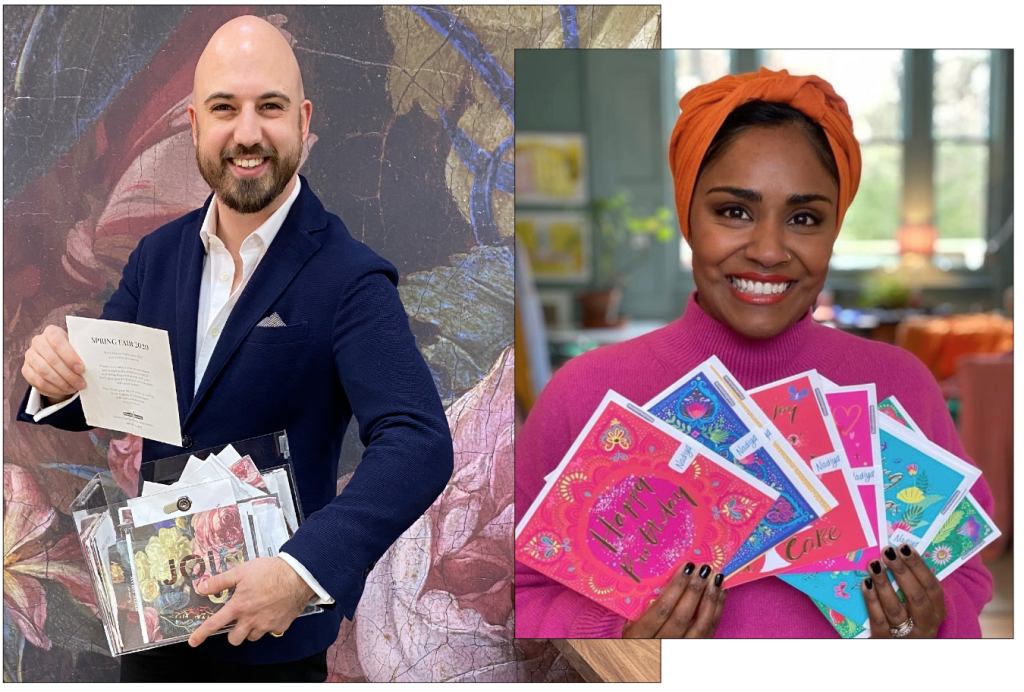 Above: Seth Woodmansterne says cards always fare OK in tough times, and cook Nadiya Hussein with her first cards published in collaboration with Woodmansterne