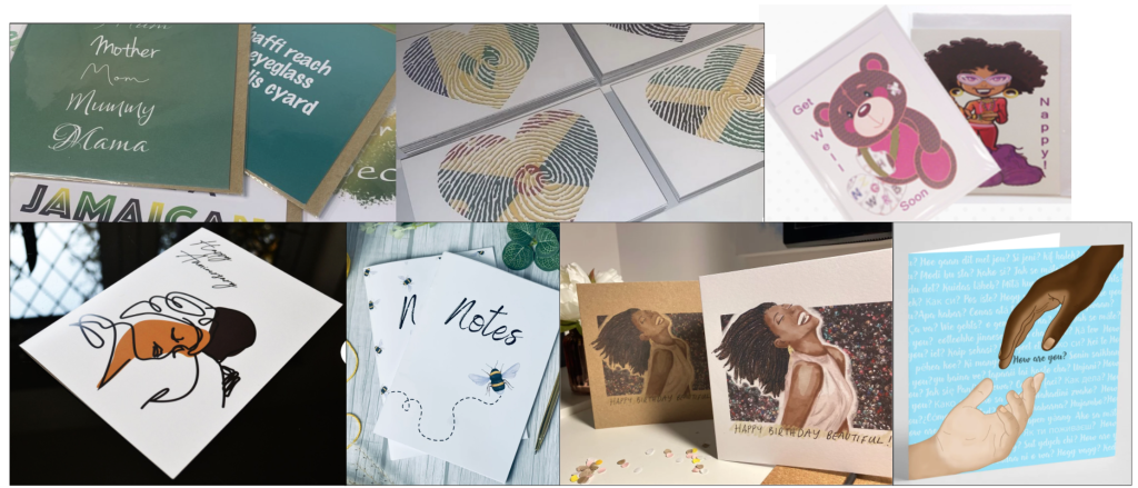Above: Listed – (clockwise from top left) …By SLH Designs, Africa Greetings, Aviva.Diana, Aziza Illustrates, Natasha Charles, and Sanaa Gift Shop, are on the website