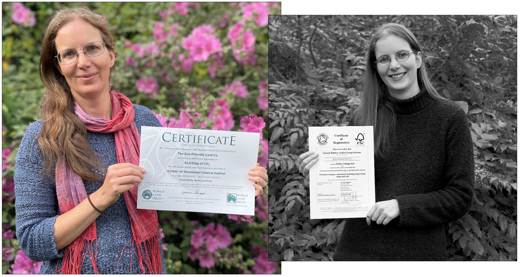 Above: Sue Morrish with the Eco-Friendly Card Company’s latest FSC certificate and (right) with one of their earliest ones