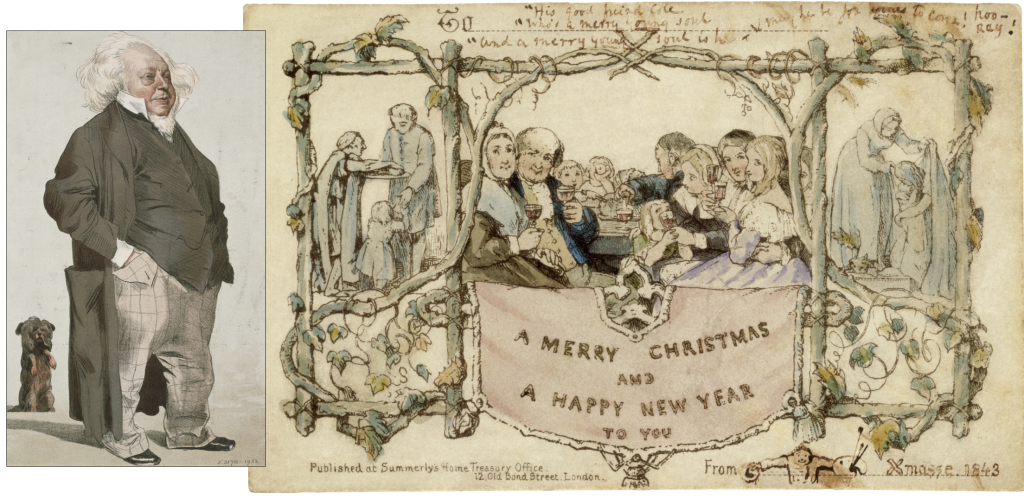 Above: A cartoon of Sir Henry, and his original Christmas card, both from the V&A’s archives