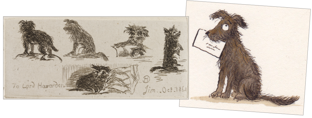 Above: Sir Henry’s own drawings of Jim (left), and Axel Scheffler’s new version