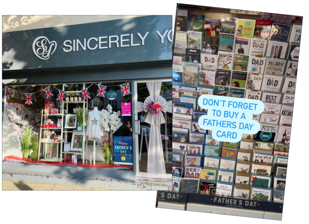 Above: Social promotion – a jubilee window and Facebook marketing at Sincerely Yours