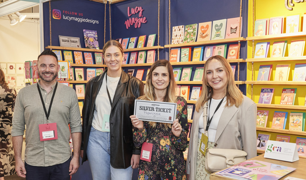 Above: Lucy Nicholson, founder of Lucy Maggie Designs/Sunshine Llama, with the shiny ticket from the Paperchase trio of (right-left) Tori Heath-Smith, Laura Clarke and Carlo Marinelli