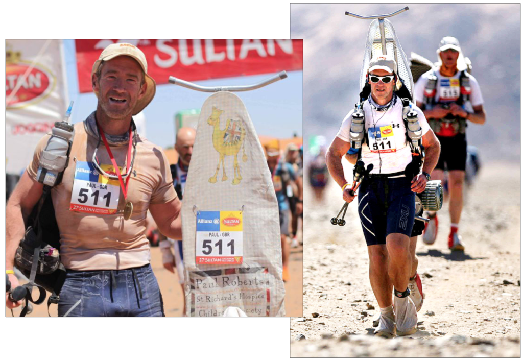 Above: Extreme ironing – Paul competing in the desert (yes, he did iron on the finish line!)