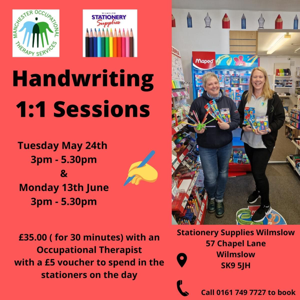 Above: Good advertising – Manchester Occupational Therapy Services has handwriting sessions at Sarah’s shop