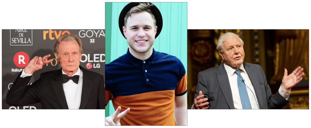 Above: Great party – Jemima’s guests (from left) Bill Nighy, Olly Murs, and Sir David Attenborough