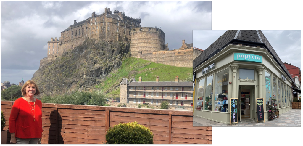 Above: Papyrus owner Fiona Fabien in the shadow of Edinburgh castle during a showroom experience arranged by agent Lucy Sharp