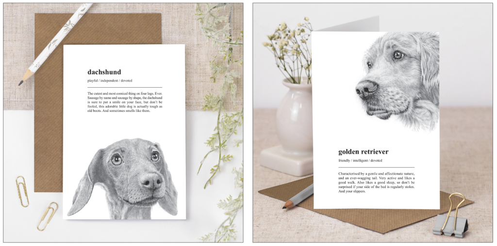 Above: Two of the Pooch card designs, which combine Nathalie’s art and Mark’s editorial
