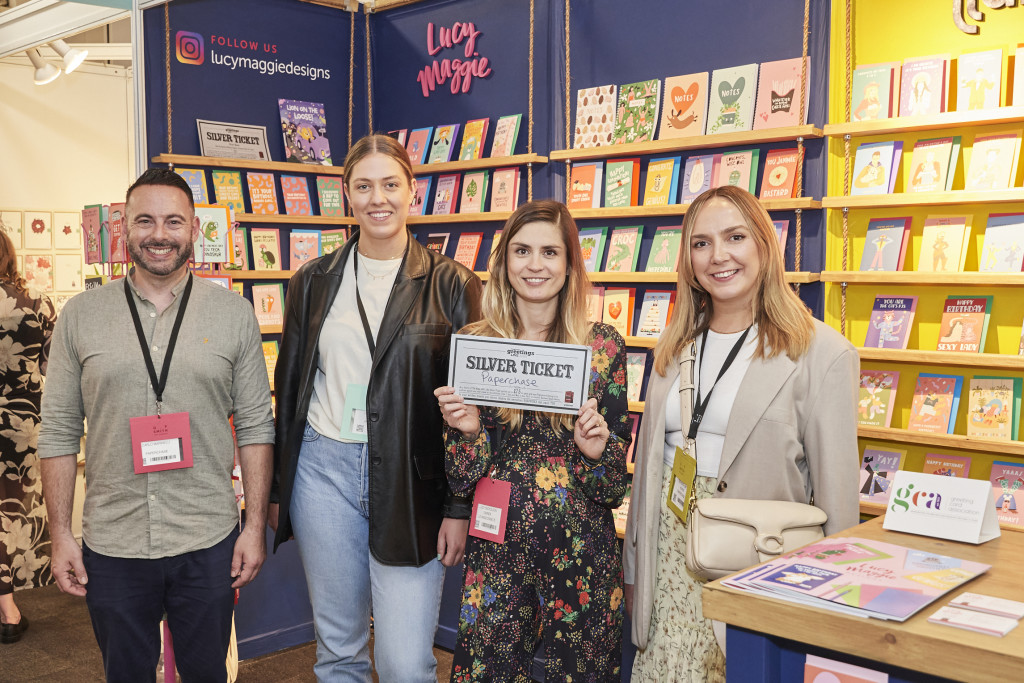 Above: Paperchase’s senior buyer Carlo Marinelli (far left) with colleagues Tori Heath-Smith (far right) and Laura Clarke (second left) with Lucy Maggie Designs’ Lucy Nicholson at PG Live recently