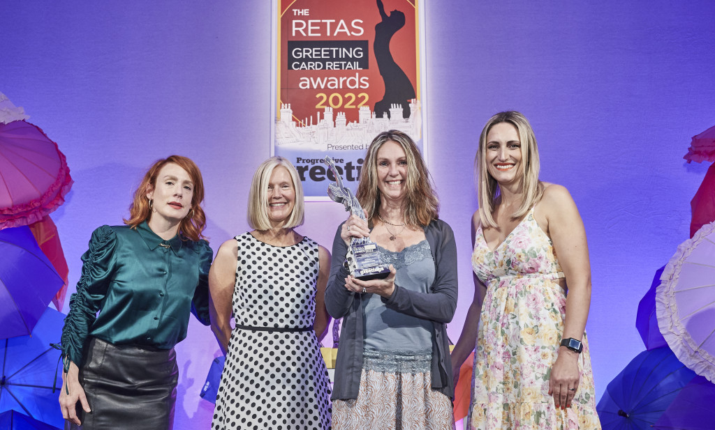 Above: Nigel Quiney’s Alison Butterworth (second left) with Glick’s Becky Dobson (far right) and host Sara Barron (far left) presenting the Best Independent Greeting Card Retailer South West award to Tiffany Leach, owner of Kingfisher Cards & Gifts, Sidmouth
