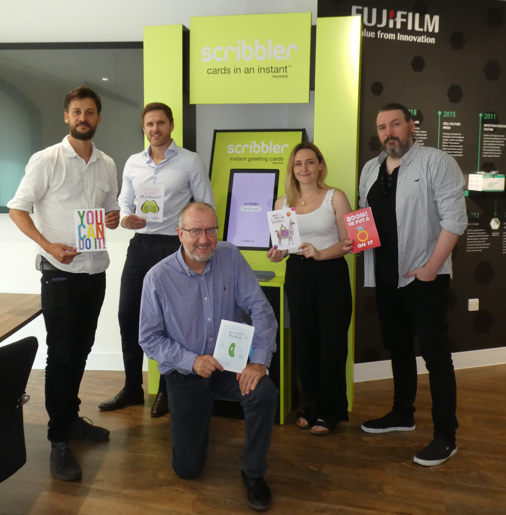 Above: FujiFilm’s Jonathan Difford (second left) with Scribbler’s (left-right) Tom Procter, John Byrne, Aisling Crossland and Andrew Webb