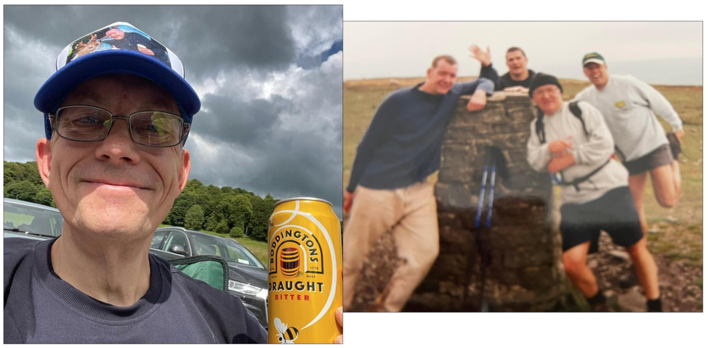 Above: Cheers! Abacus Cards’ Darren Thomas completed the trek after standing in for national sales manager Nathan Hitchcock following his unexpected death last month – and a young Nat is pictured on one of the early Cardgains challenges