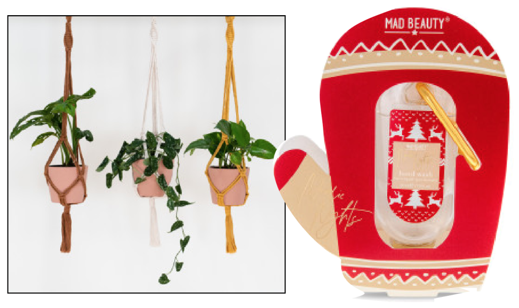 Above: Mad Beauty’s mitten-shaped packaging adds perceived value and Stitch Happy’s plant pot hanger DIY kit is a good add-on sale for plants