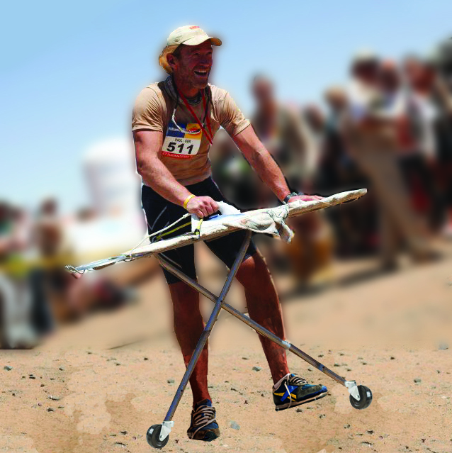 Above: Ironman – while waiting for his real wheels the Rachel Ellen team mocked up this shot of Paul from his Marathon Des Sables days