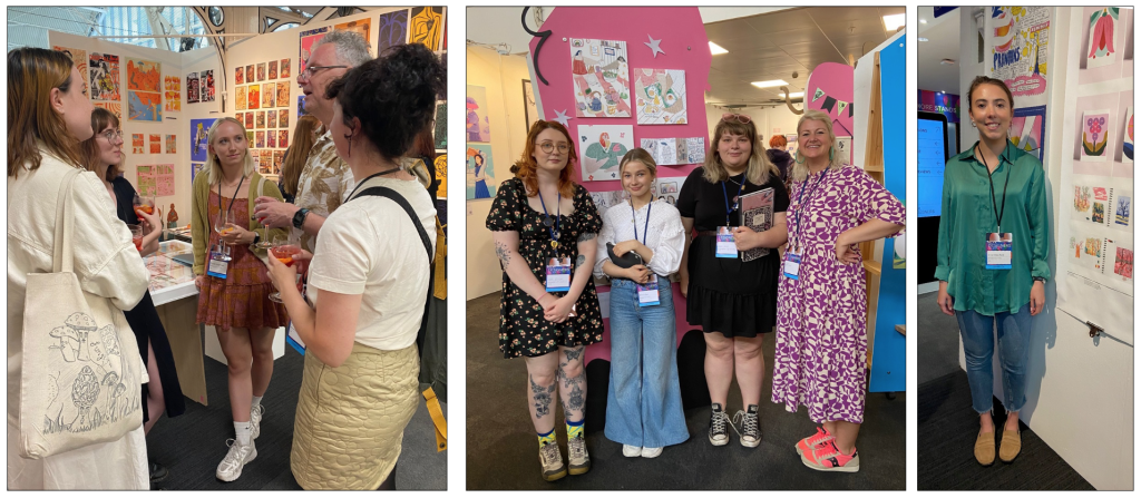 Above: Geoff with (left) MMU Illustration graduates Georgina, Poppy, Eve and lecturer Maisy Lewin-Sanderson; BCU illustration graduates Bethany, Erin and Katie and course leader Helen Wheeler; and NTU MA Illustration graduate Anna