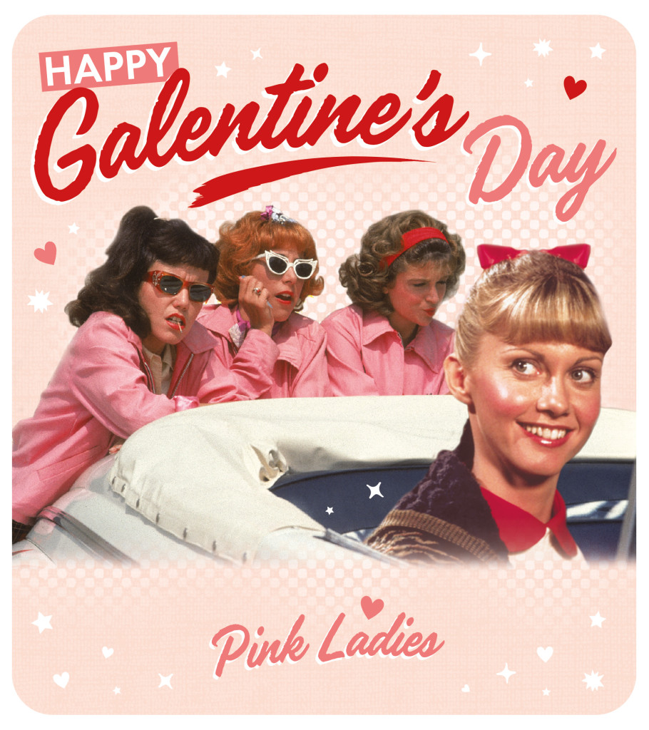 Above: Olivia Newton-John lives on in the greeting card world, appearing on this Grease Galentine’s Day card from Danilo