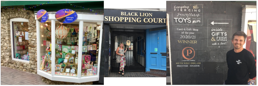 Above: Planet Sal, with Sally pictured at the entrance to Black Lion Court, and her blackboard ad