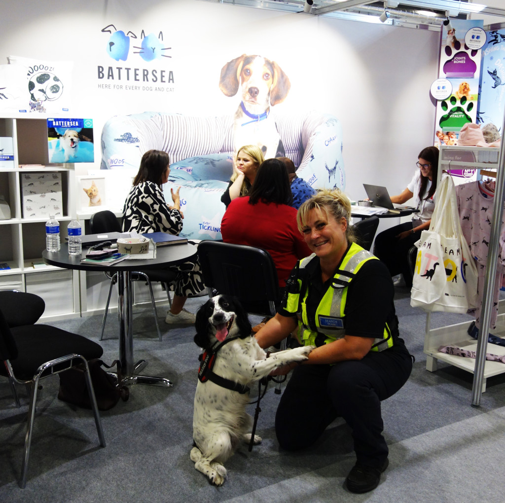 Above: Willow and handler Mandy on the Battersea stand