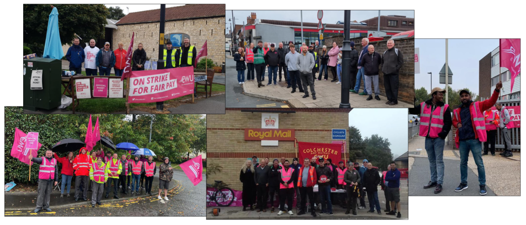 Above: More of today’s pickets, clockwise from top left, at Tadcaster, Pontefract, Barking, Colchester, and Glasgow