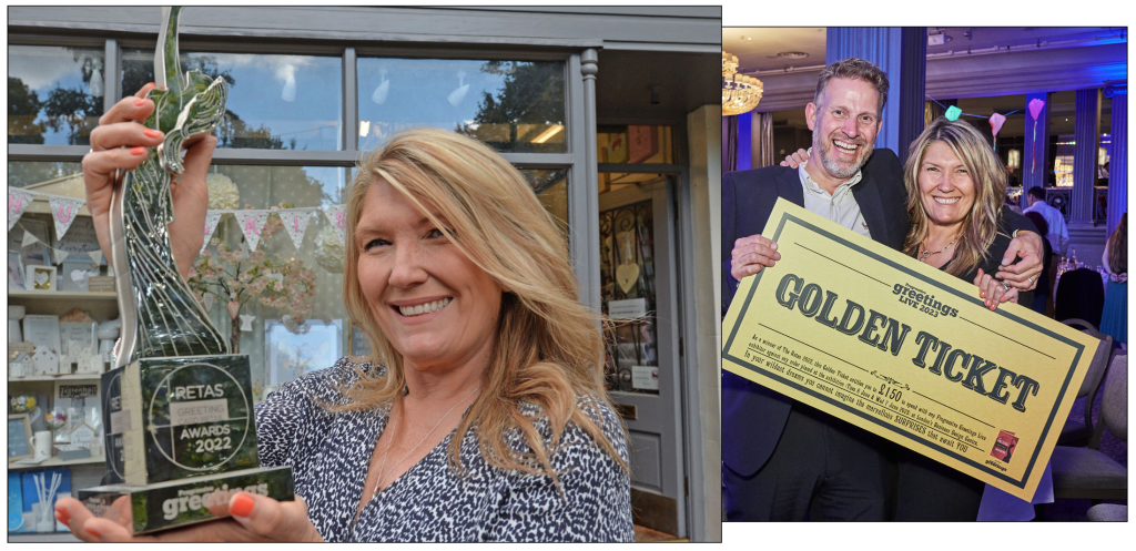 Above: Caroline at her shop and with husband Jon at the Retas ceremony