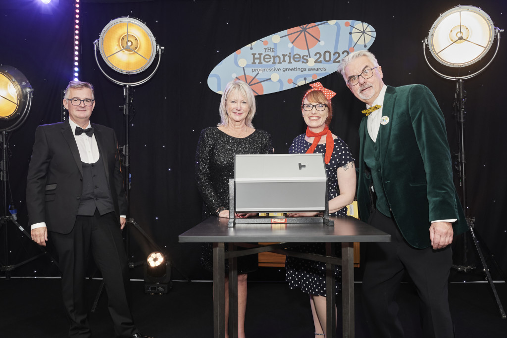 Pic 2 Above: (from left) Max Publishing’s Ian Hyder with birthday folk agent Joanna McFarlane, Heyyy Cards’ Yvette Clarkson, and Mike O’Connor from Middlesex University, who drew the raffle at The Henries 2022 last week, with the proceeds going to The Light Fund and MND Association