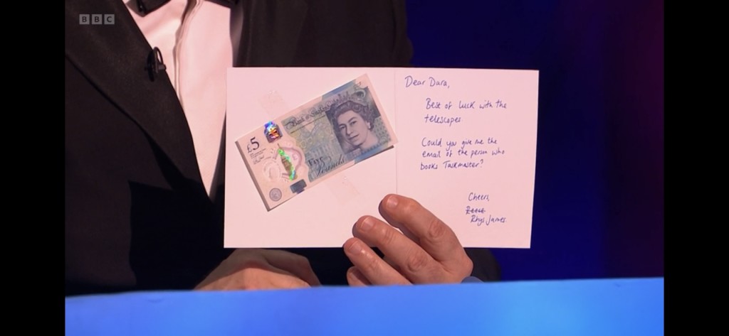 Above: The gag continued inside the card with attached fiver and note