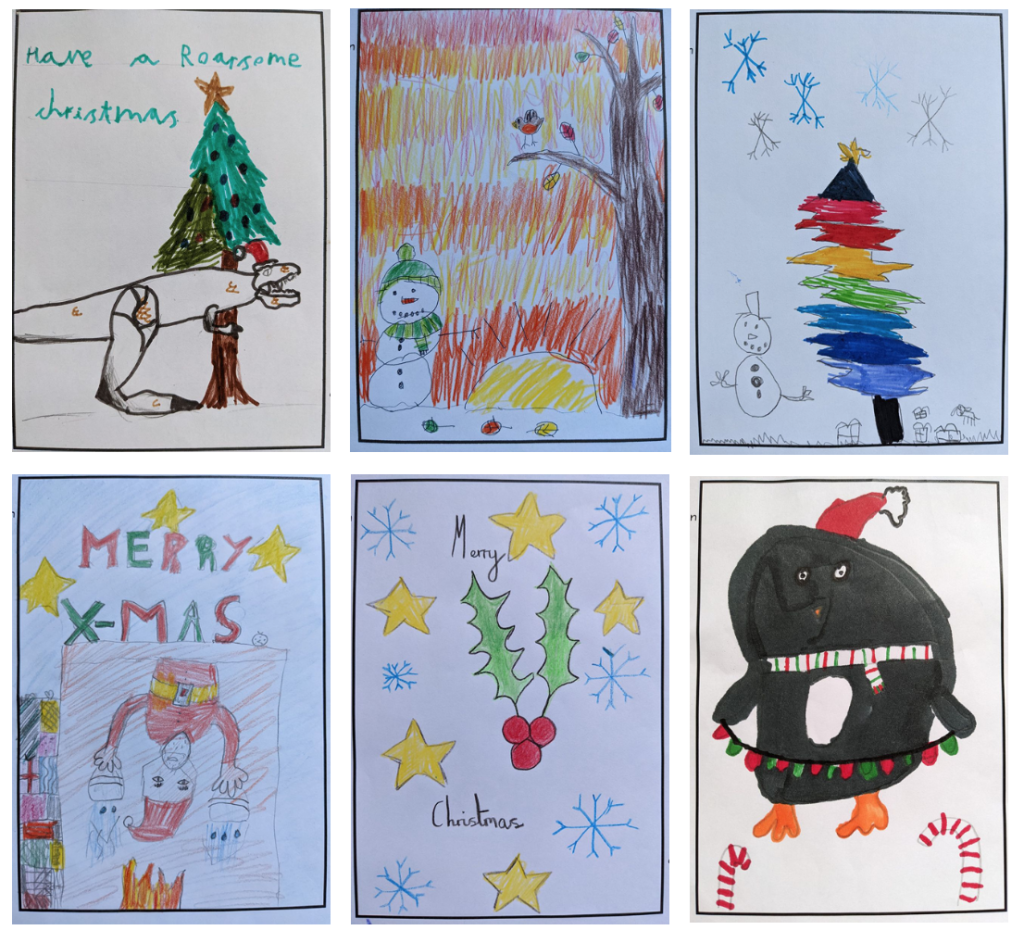 Above: The Christmas card comp finalists – 4-7s top, 8-11s bottom